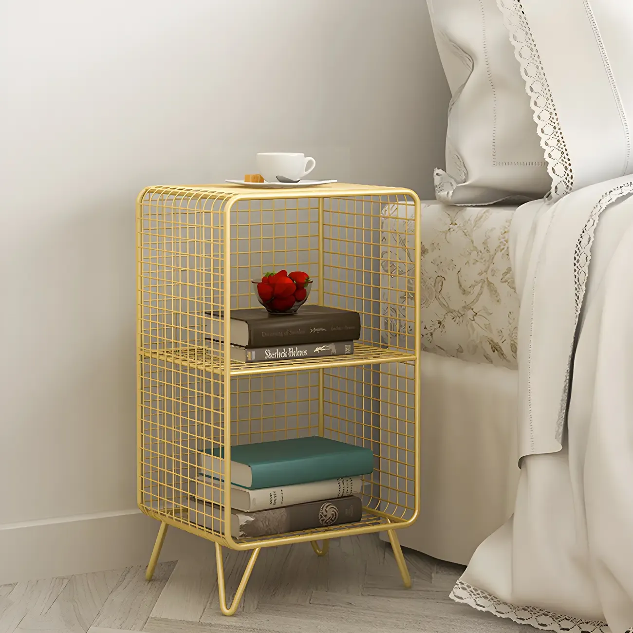 Casual Metal Wire Bedside Table in Yellow Open Shelves Storage Image - 24