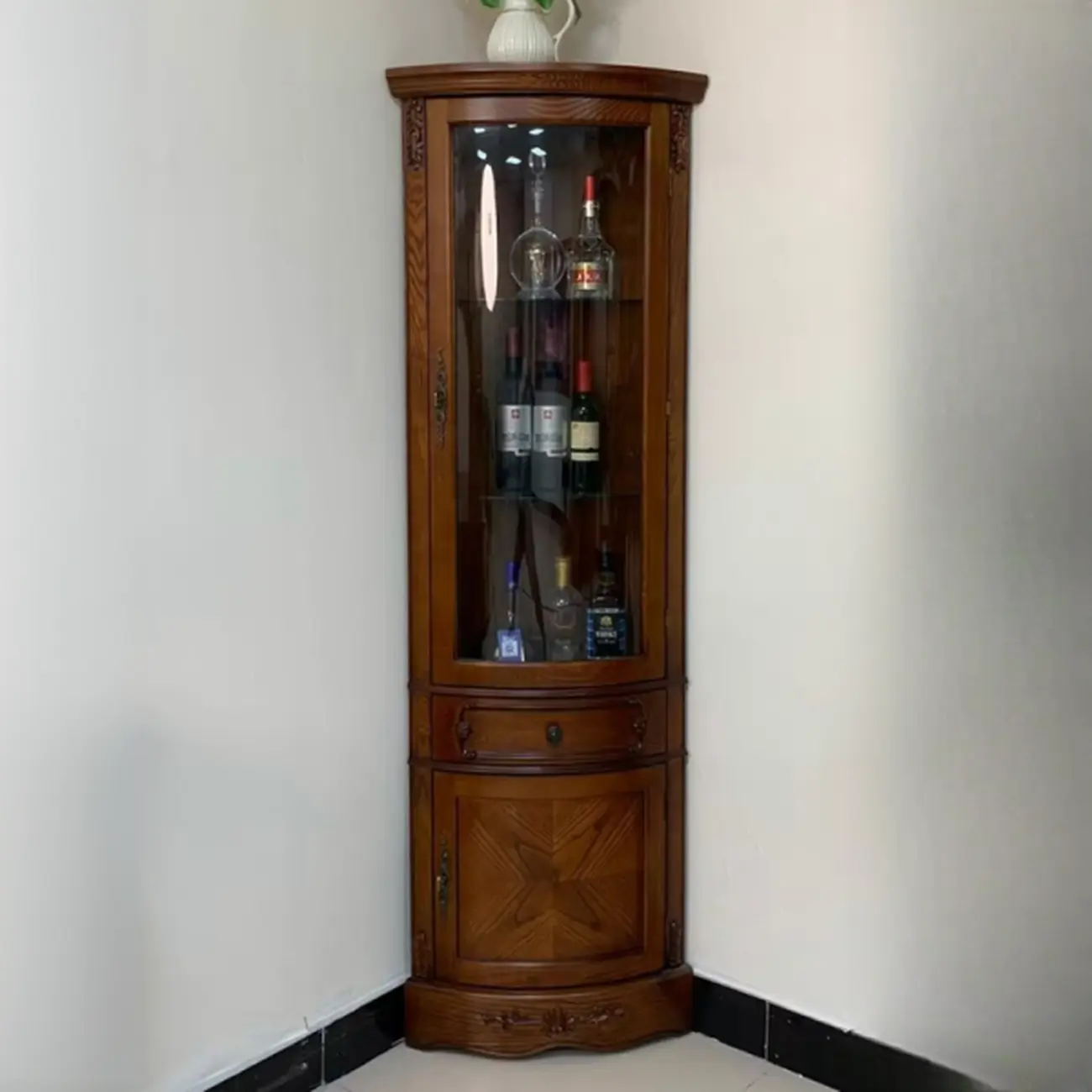 Small Triangle Wooden Wine Cabinet with Shelf and Drawer for Corner Image - 1 | homeyfad