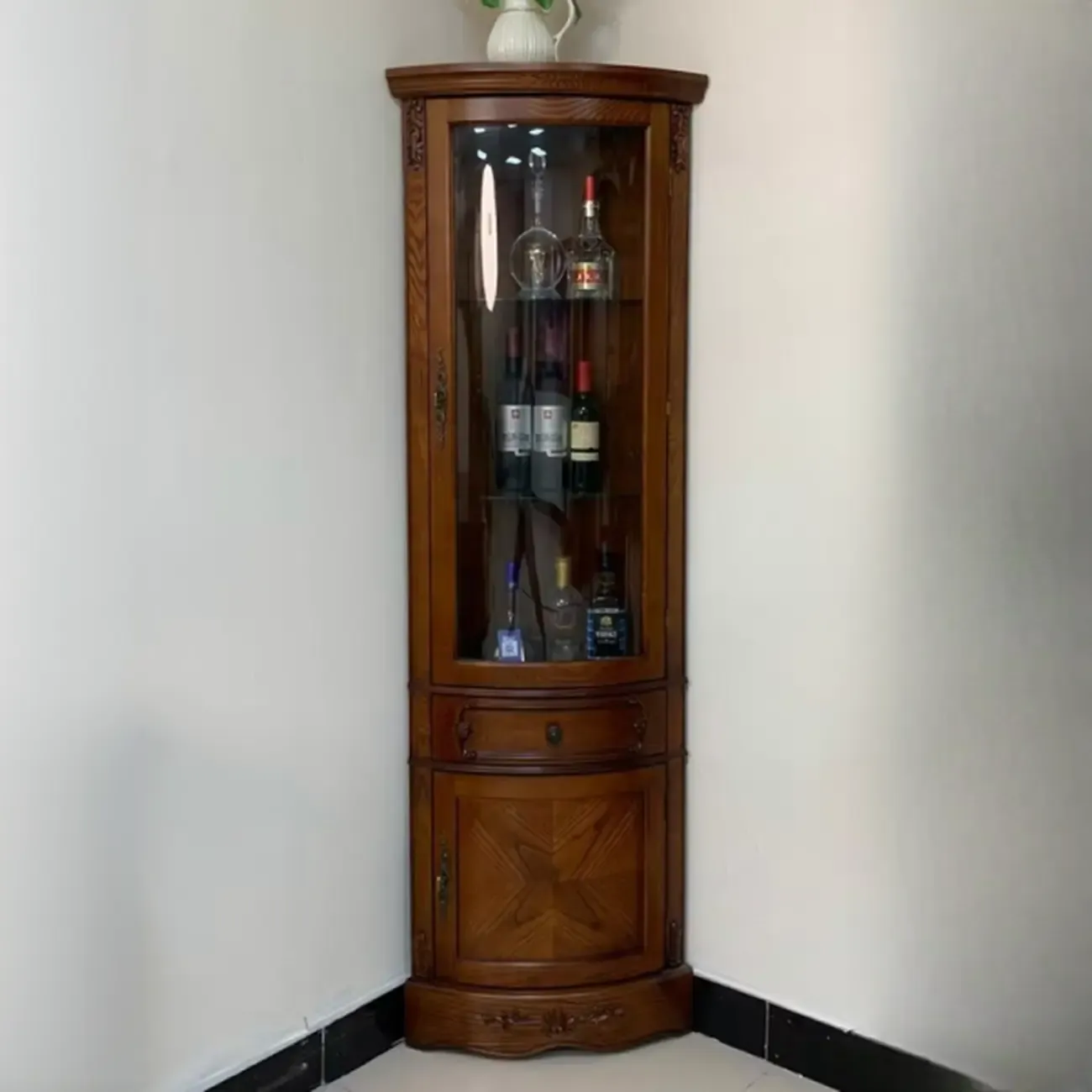 Small Triangle Wooden Wine Cabinet with Shelf and Drawer for Corner Image - 1