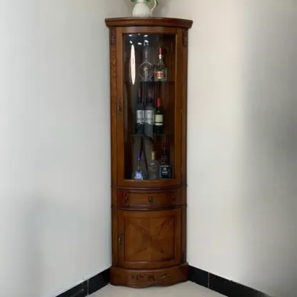 Small Triangle Wooden Wine Cabinet with Shelf and Drawer for Corner Image - 1