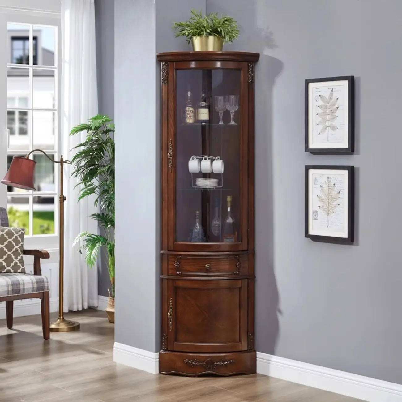 Small Triangle Wooden Wine Cabinet with Shelf and Drawer for Corner Image - 2 | homeyfad