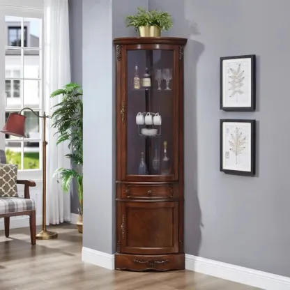 Small Triangle Wooden Wine Cabinet with Shelf and Drawer for Corner Image - 2