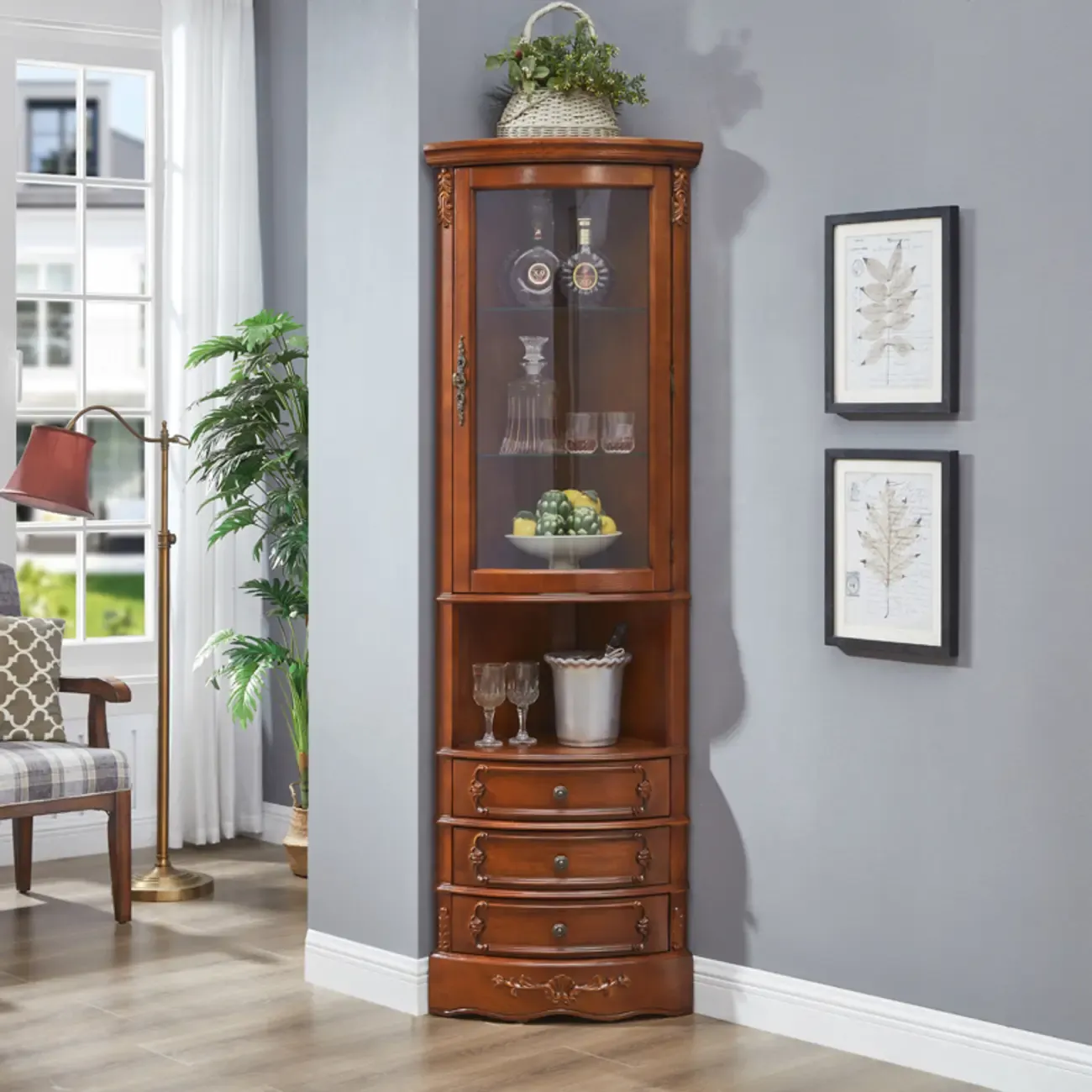 Small Triangle Wooden Wine Cabinet with Shelf and Drawer for Corner Image - 3