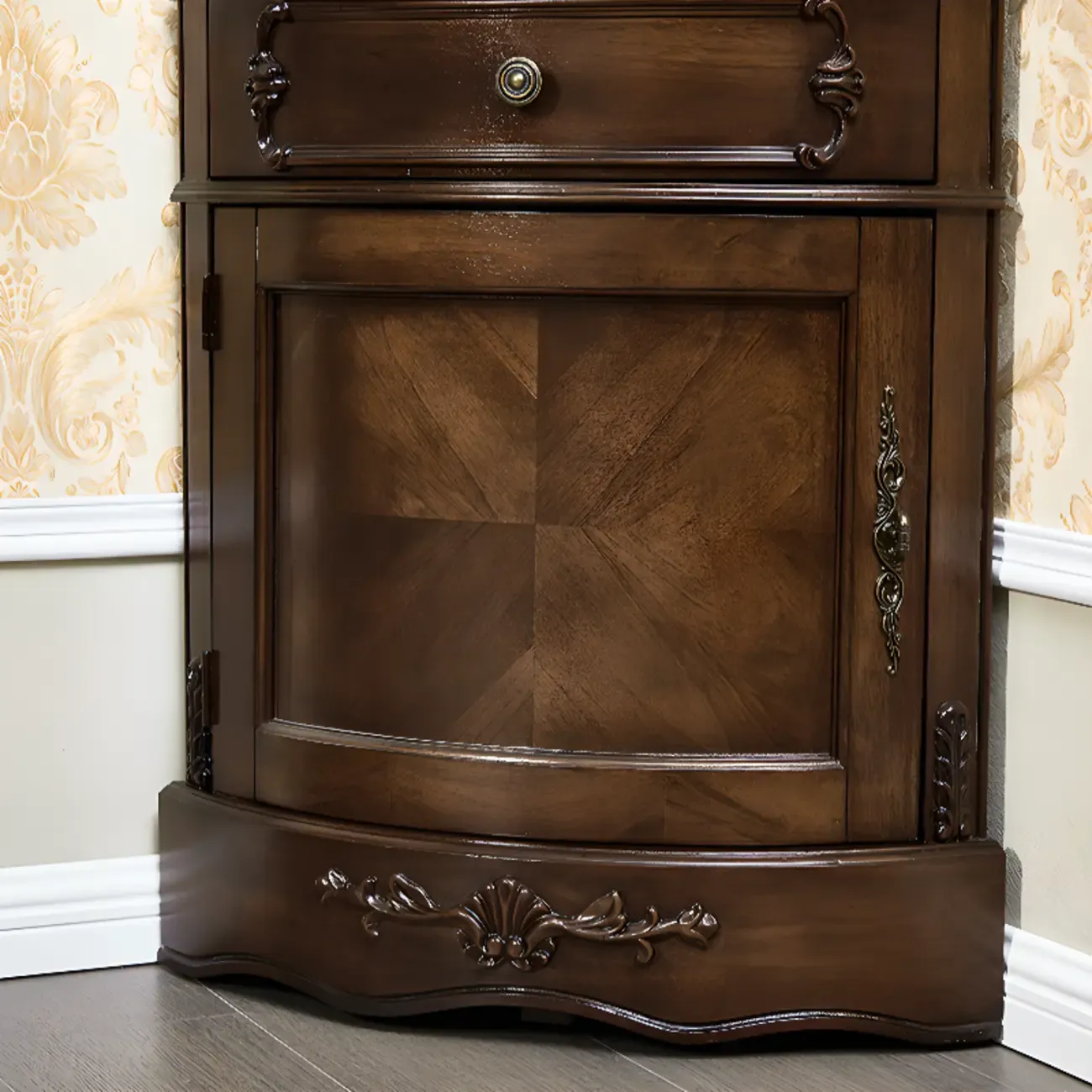 Small Triangle Wooden Wine Cabinet with Shelf and Drawer for Corner Image - 10