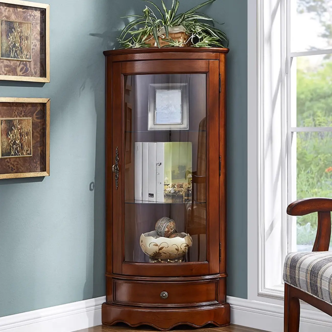 Small Triangle Wooden Wine Cabinet with Shelf and Drawer for Corner Image - 11 | homeyfad