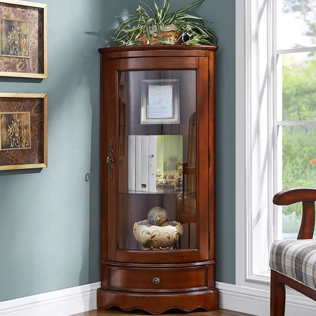 Small Triangle Wooden Wine Cabinet with Shelf and Drawer for Corner Image - 11