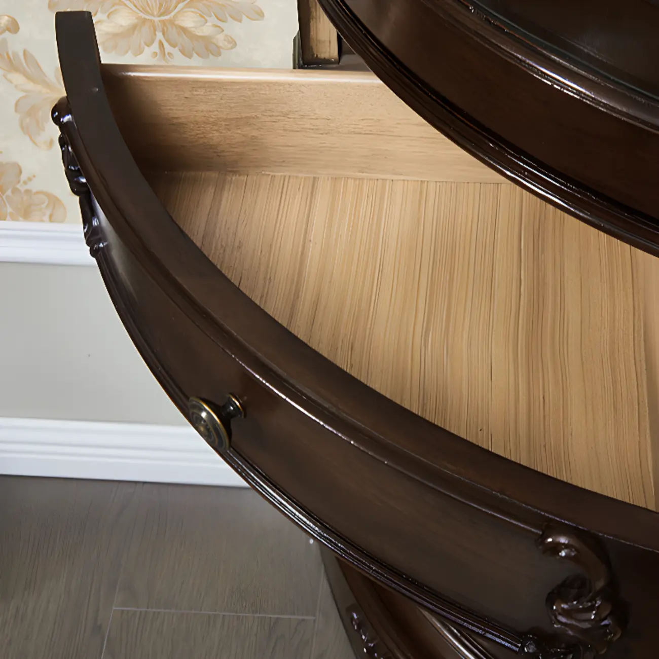 Small Triangle Wooden Wine Cabinet with Shelf and Drawer for Corner Image - 14 | homeyfad