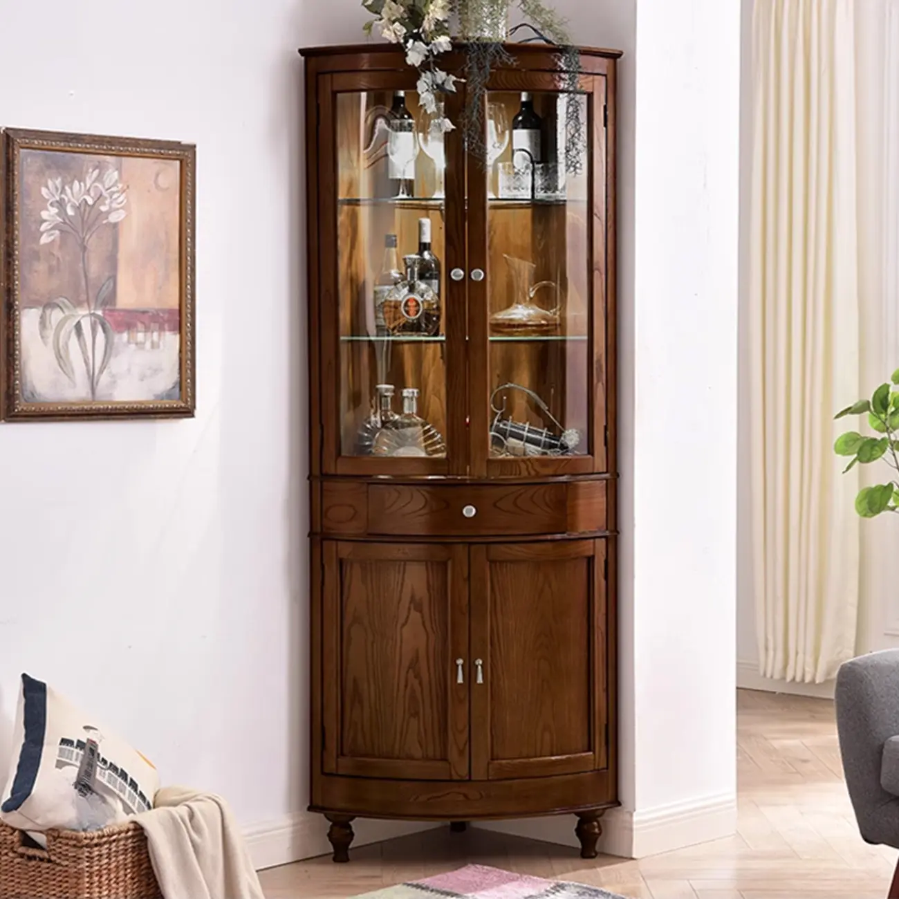 Small Triangle Wooden Wine Cabinet with Shelf and Drawer for Corner Image - 15 | homeyfad