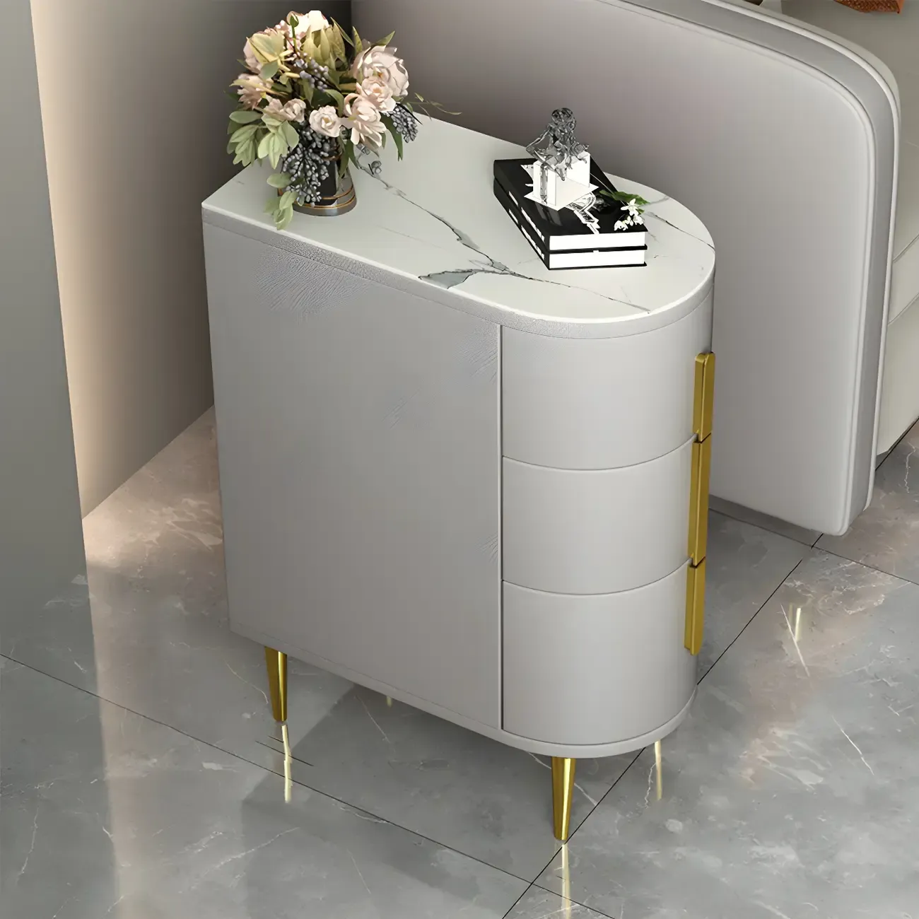 Modern Narrow Bedside Table with Marble Top 3 Drawers Image - 1