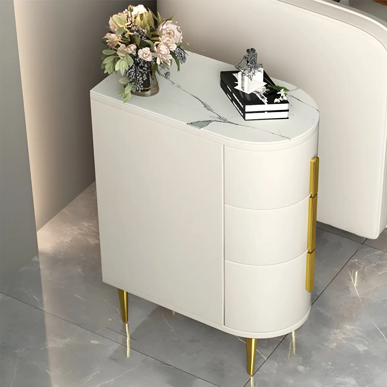 Modern Narrow Bedside Table with Marble Top 3 Drawers Image - 2 | homeyfad