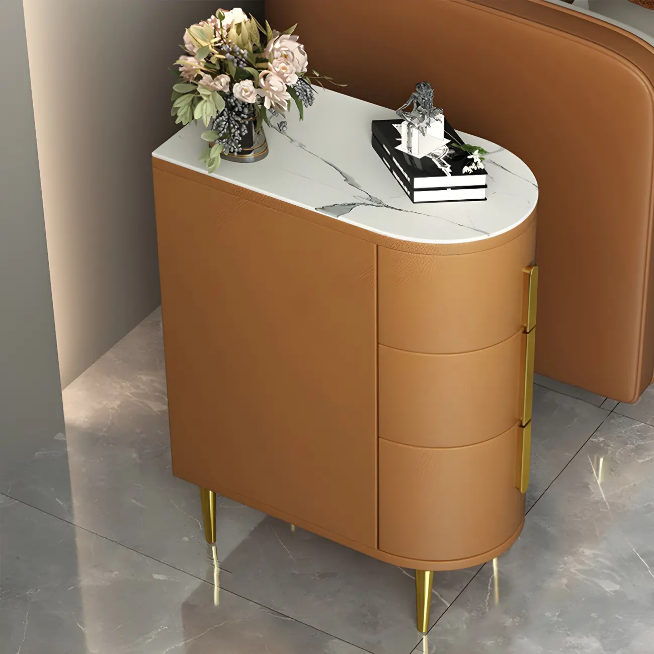 Modern Narrow Bedside Table with Marble Top 3 Drawers Image - 4 | homeyfad