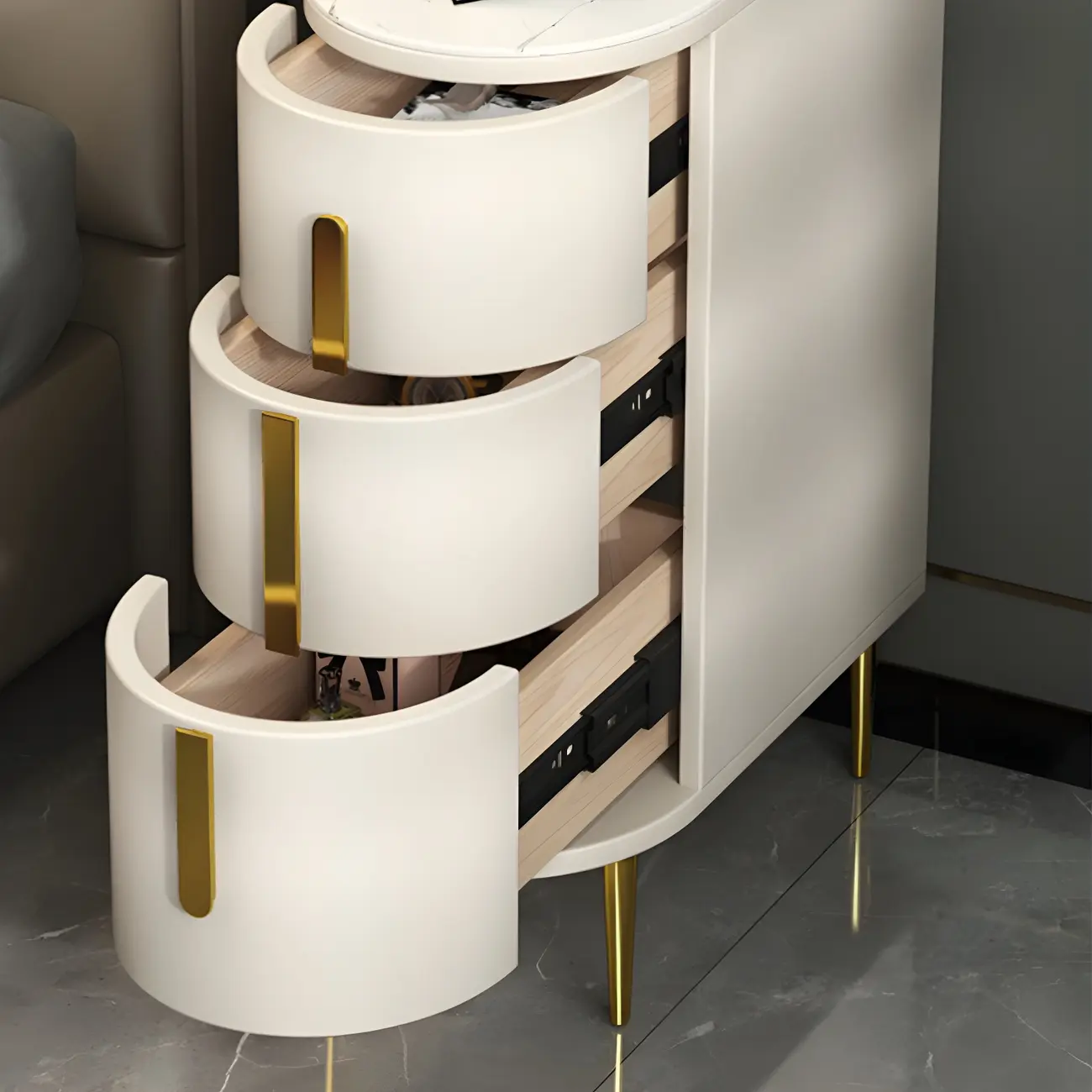 Modern Narrow Bedside Table with Marble Top 3 Drawers Image - 6 | homeyfad