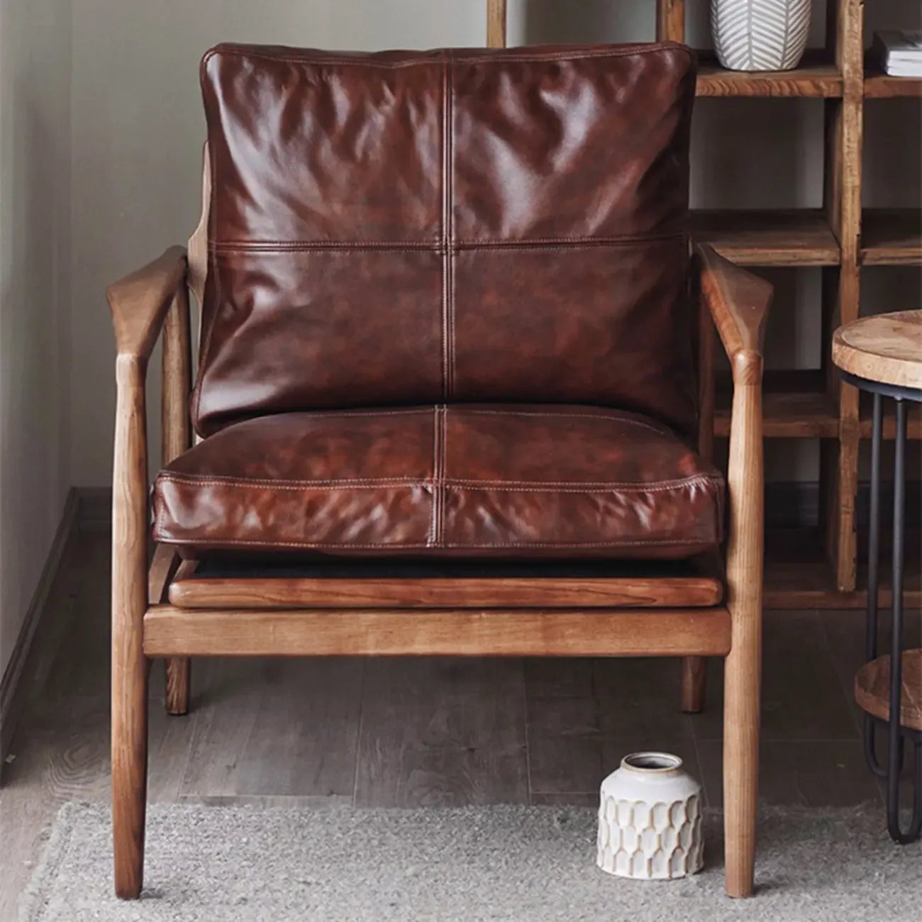 Leather Armchair with Wooden Armrest for Living Room Image - 1