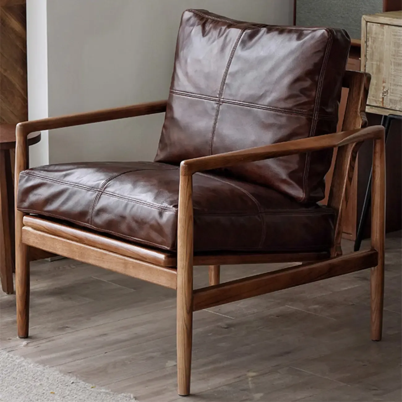 Leather Armchair with Wooden Armrest for Living Room Image - 3
