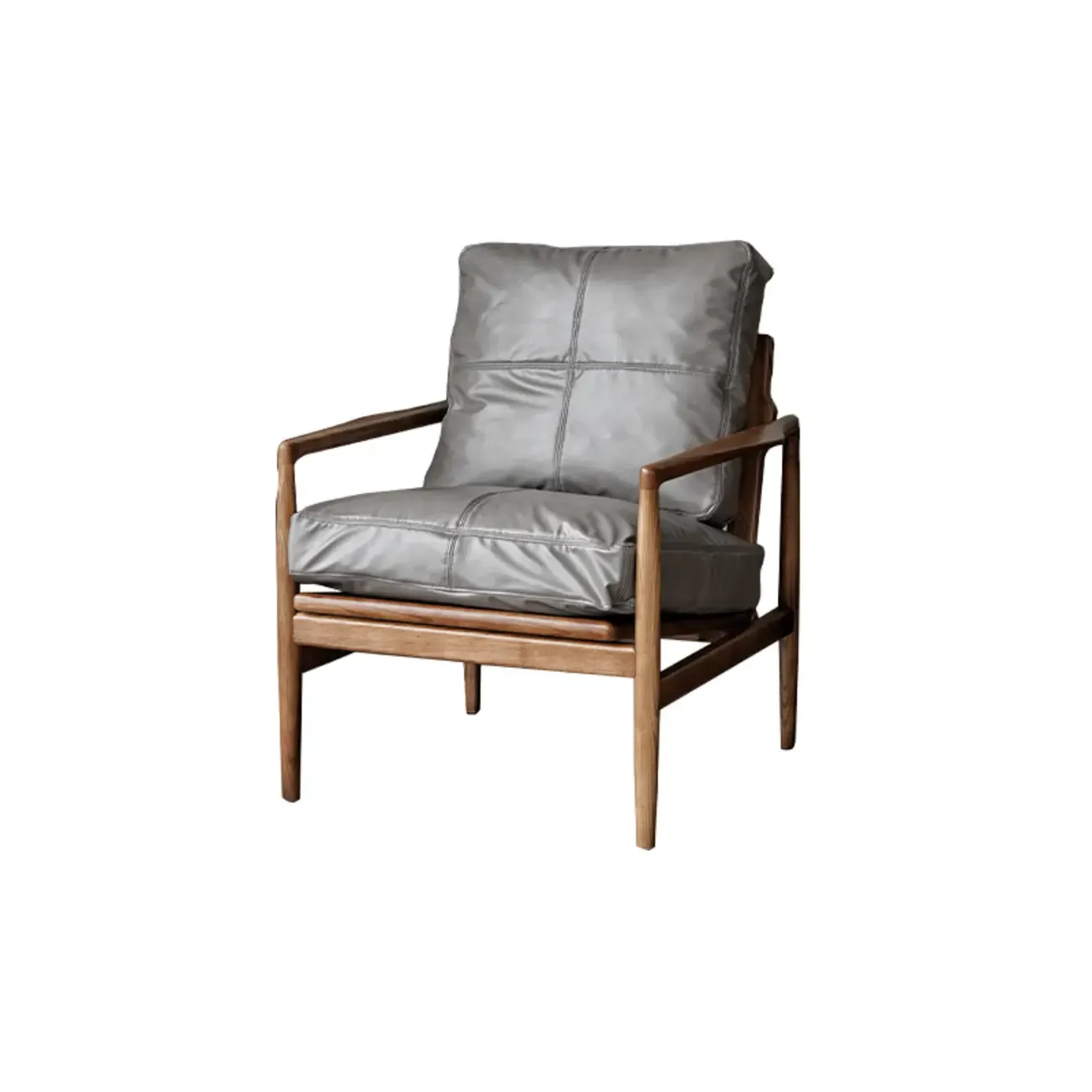 Leather Armchair with Wooden Armrest for Living Room Image - 7