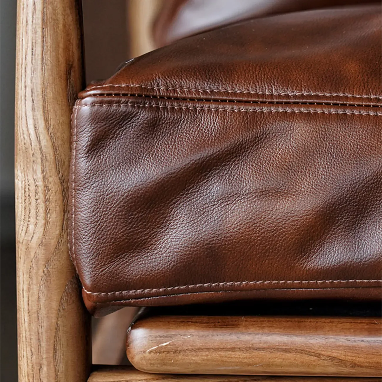 Leather Armchair with Wooden Armrest for Living Room Image - 9