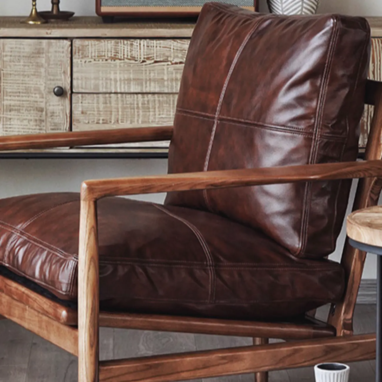 Leather Armchair with Wooden Armrest for Living Room Image - 12 | homeyfad