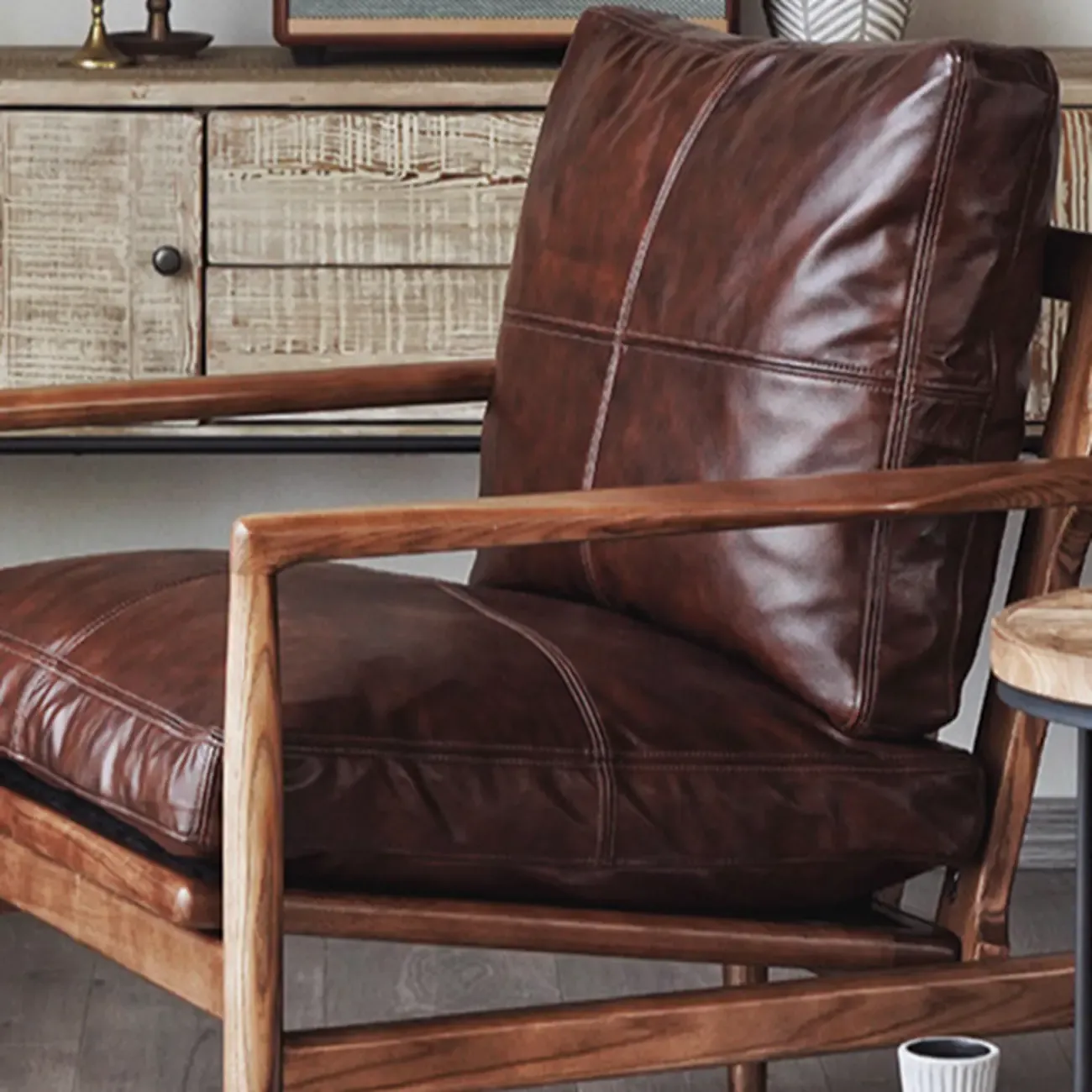 Leather Armchair with Wooden Armrest for Living Room Image - 12