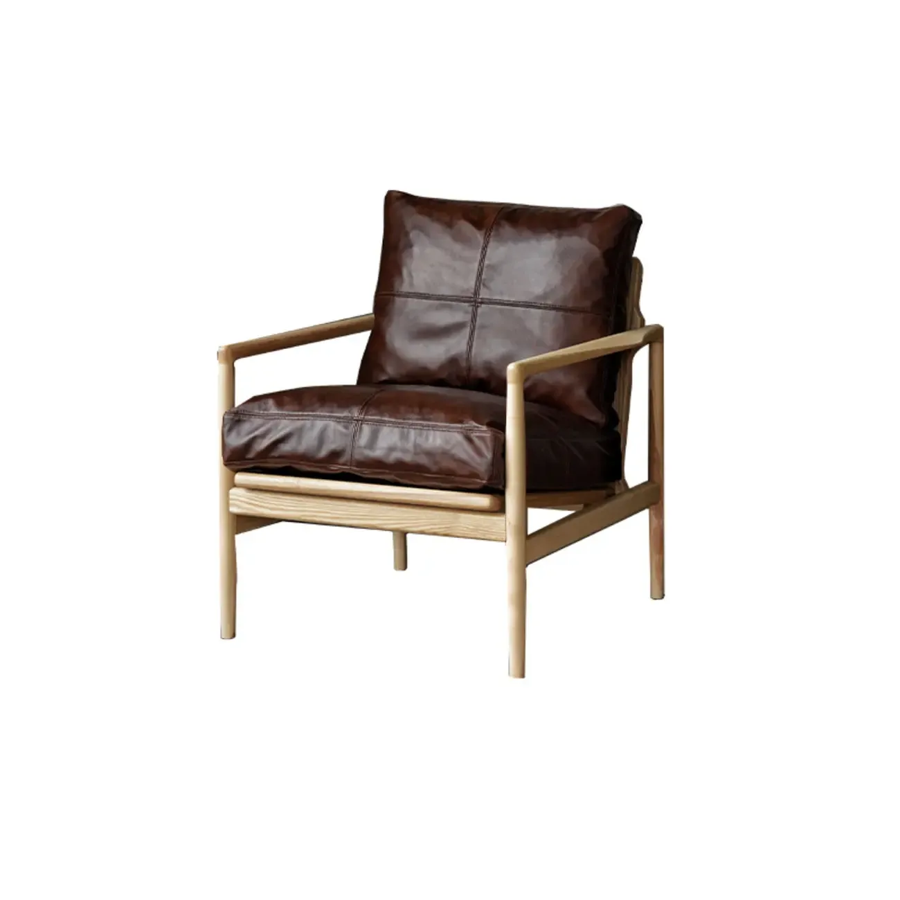 Leather Armchair with Wooden Armrest for Living Room Image - 14