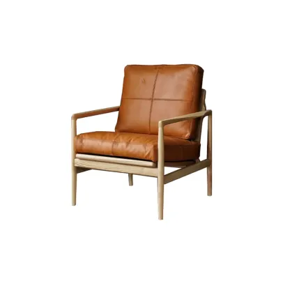 Leather Armchair with Wooden Armrest for Living Room Image - 15