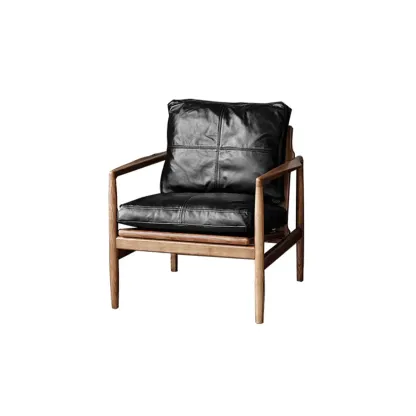 Leather Armchair with Wooden Armrest for Living Room Image - 17