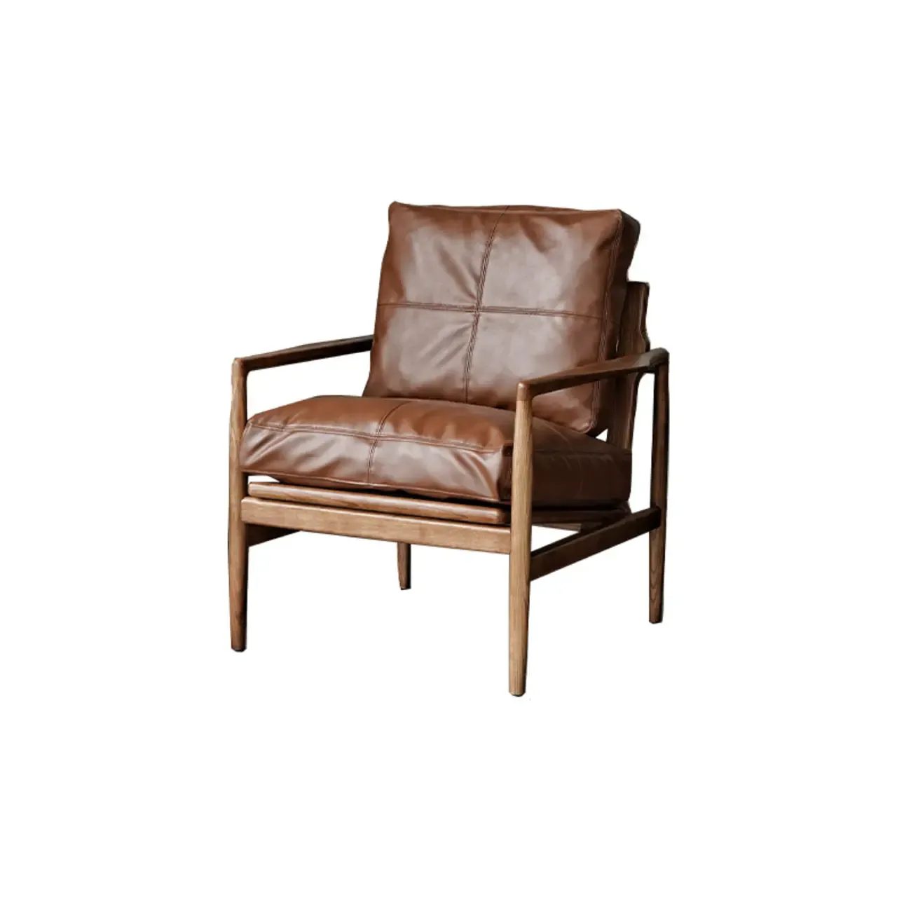 Leather Armchair with Wooden Armrest for Living Room Image - 25
