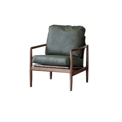 Leather Armchair with Wooden Armrest for Living Room Image - 27