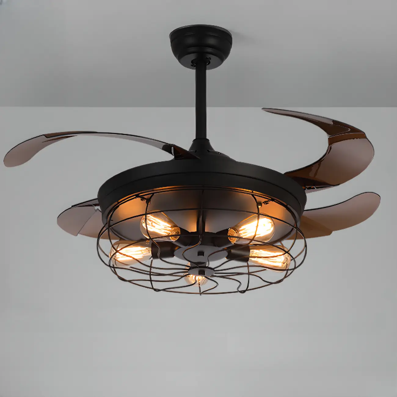 4-Blade Industrial Black Retractable Ceiling Fan with Lights Image - 2 | homeyfad