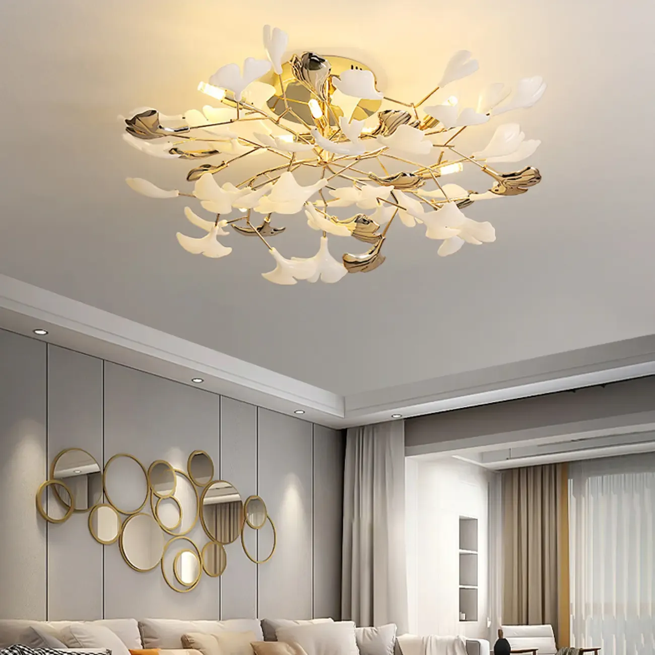 Modern Gold Alloy Semi Flush Ceiling Light for Living Room Image - 15