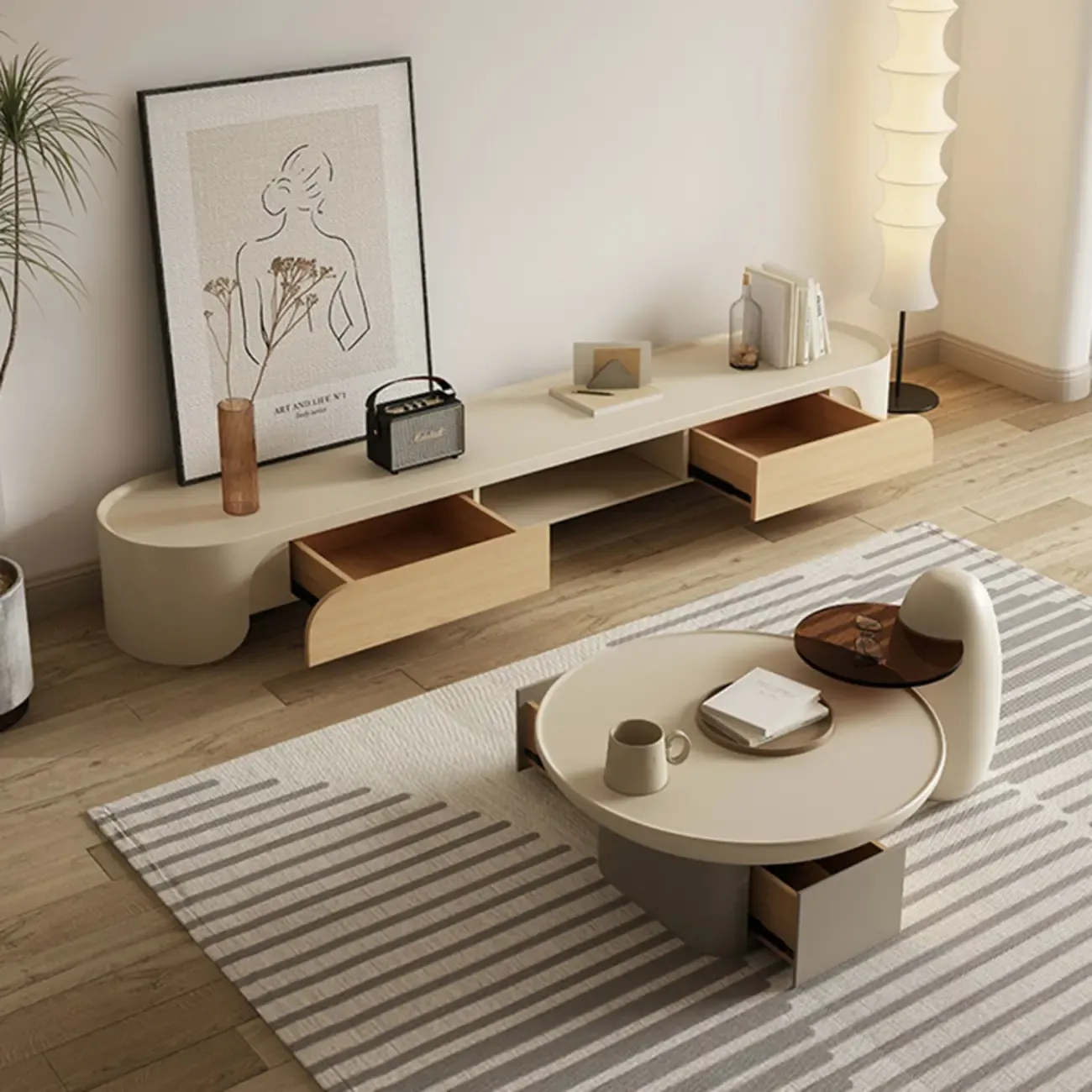 Minimalist White Wooden TV Stand with Storage for Living Room Image - 9
