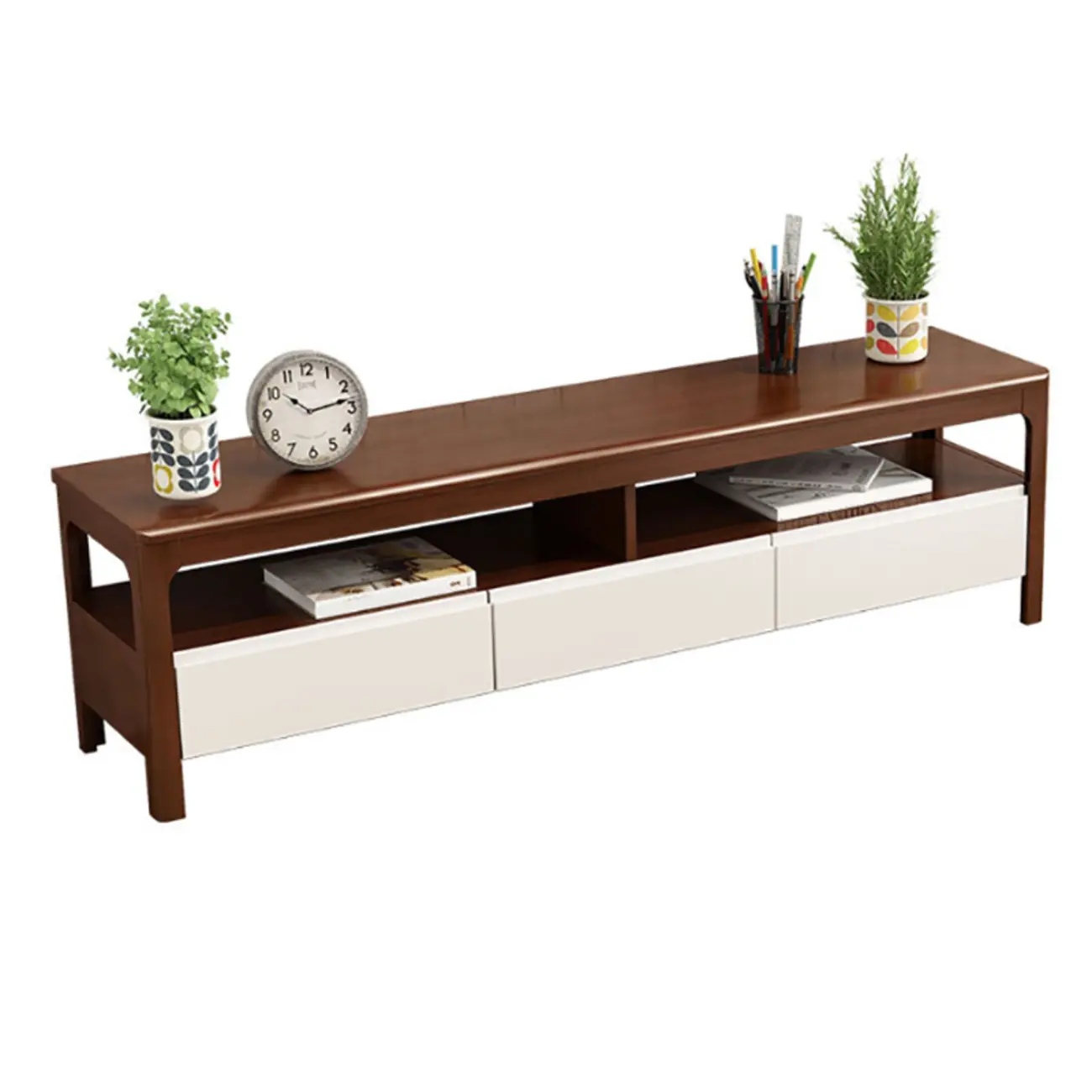 Rustic Natural Wooden TV Stand with Open Shelving and Drawers Image - 4 | homeyfad