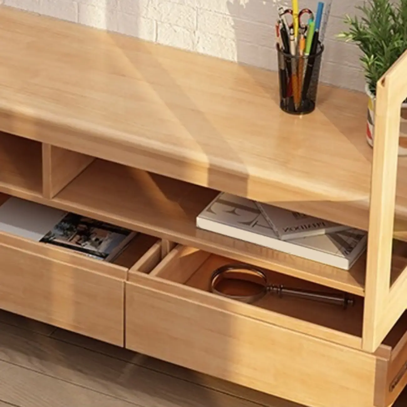 Rustic Natural Wooden TV Stand with Open Shelving and Drawers Image - 5 | homeyfad