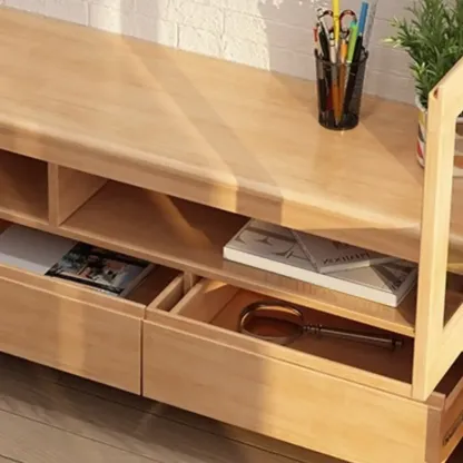 Rustic Natural Wooden TV Stand with Open Shelving and Drawers Image - 5