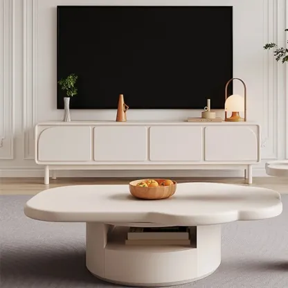 Minimalist Beige Wooden TV Stand with Cabinet for Living Room Image - 2