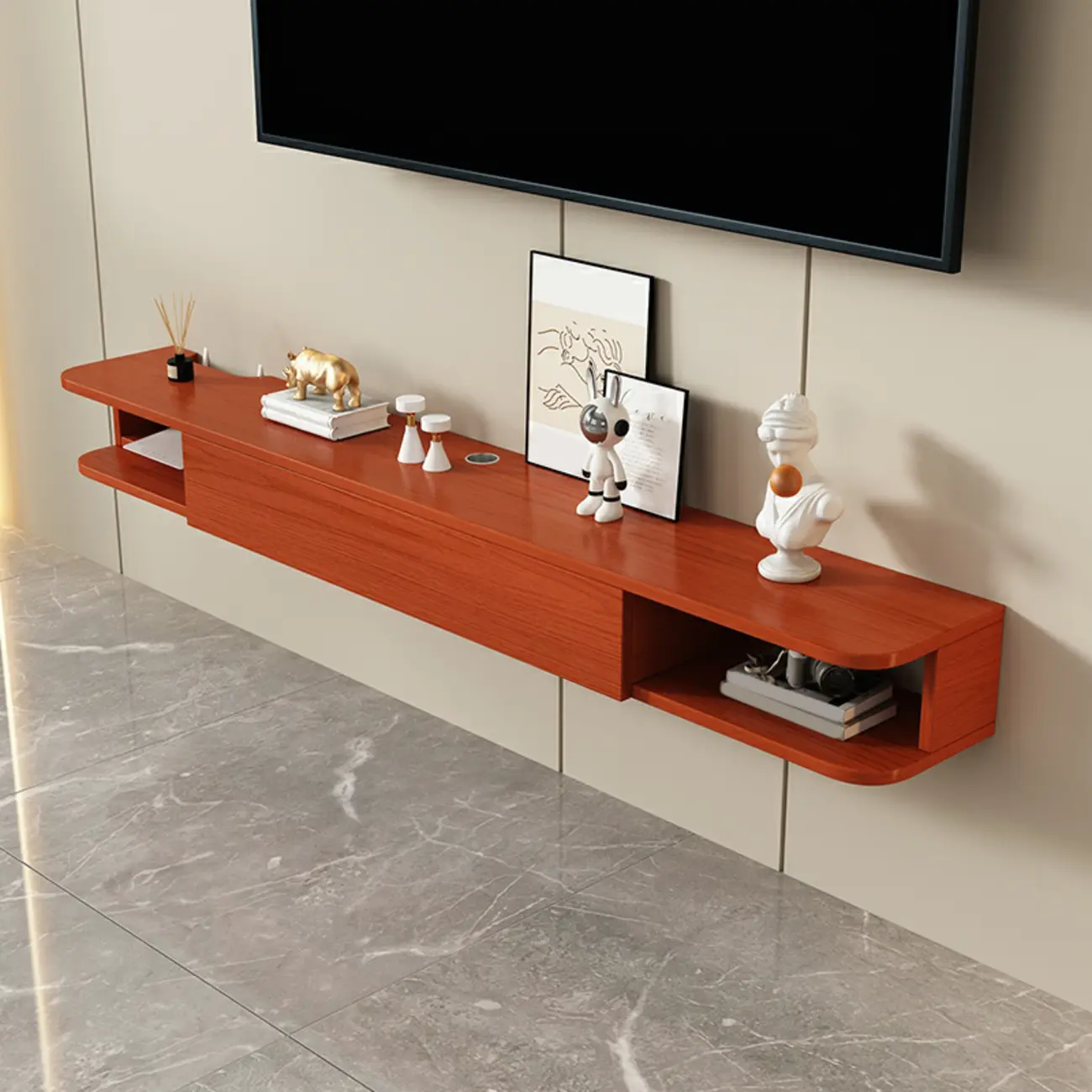Modern Wooden Wall-Mounted TV Stand with Shelves Image - 4 | homeyfad