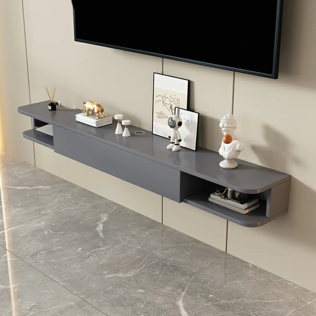 Modern Wooden Wall-Mounted TV Stand with Shelves Image - 6 | homeyfad