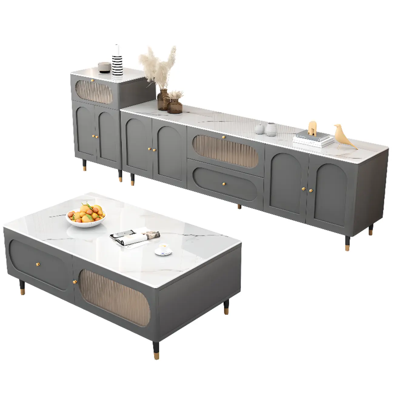 Elegant Stone TV Stand with Cabinets and Flex Shelves for Home Image - 5 | homeyfad