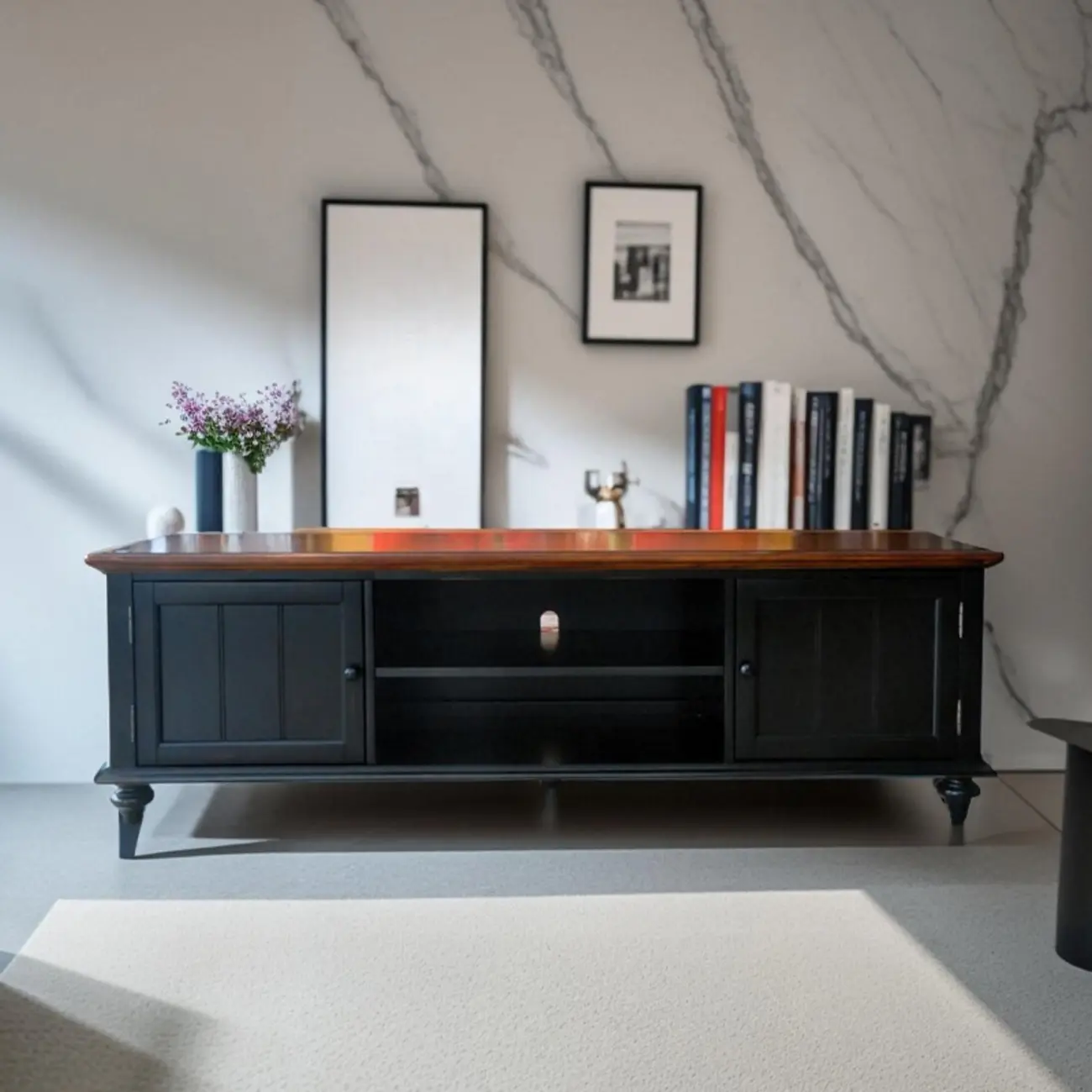 Traditional RubberWood TV Stand with Open Storage and Shelves Image - 3 | homeyfad