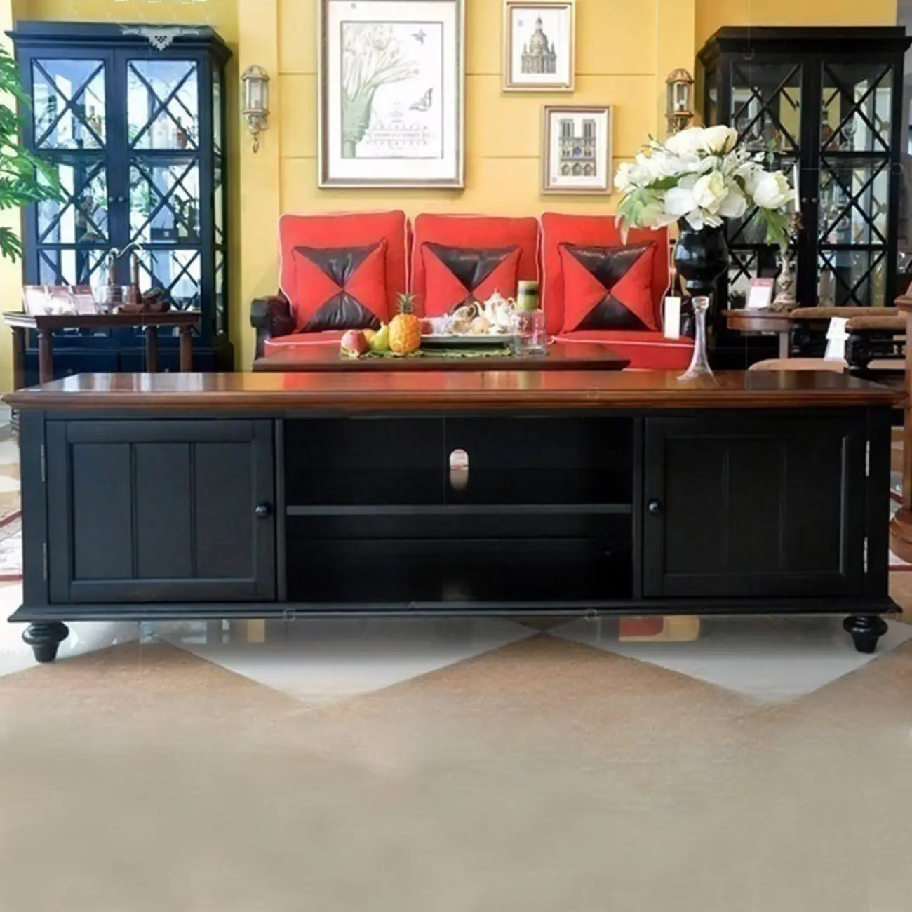 Traditional RubberWood TV Stand with Open Storage and Shelves Image - 4 | homeyfad