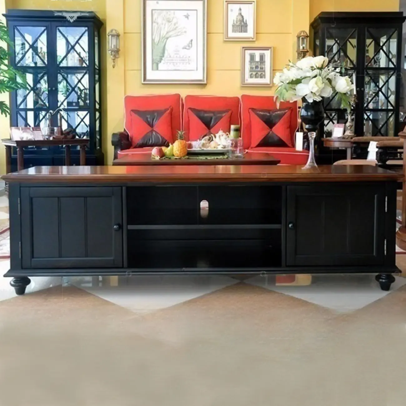 Traditional RubberWood TV Stand with Open Storage and Shelves Image - 4