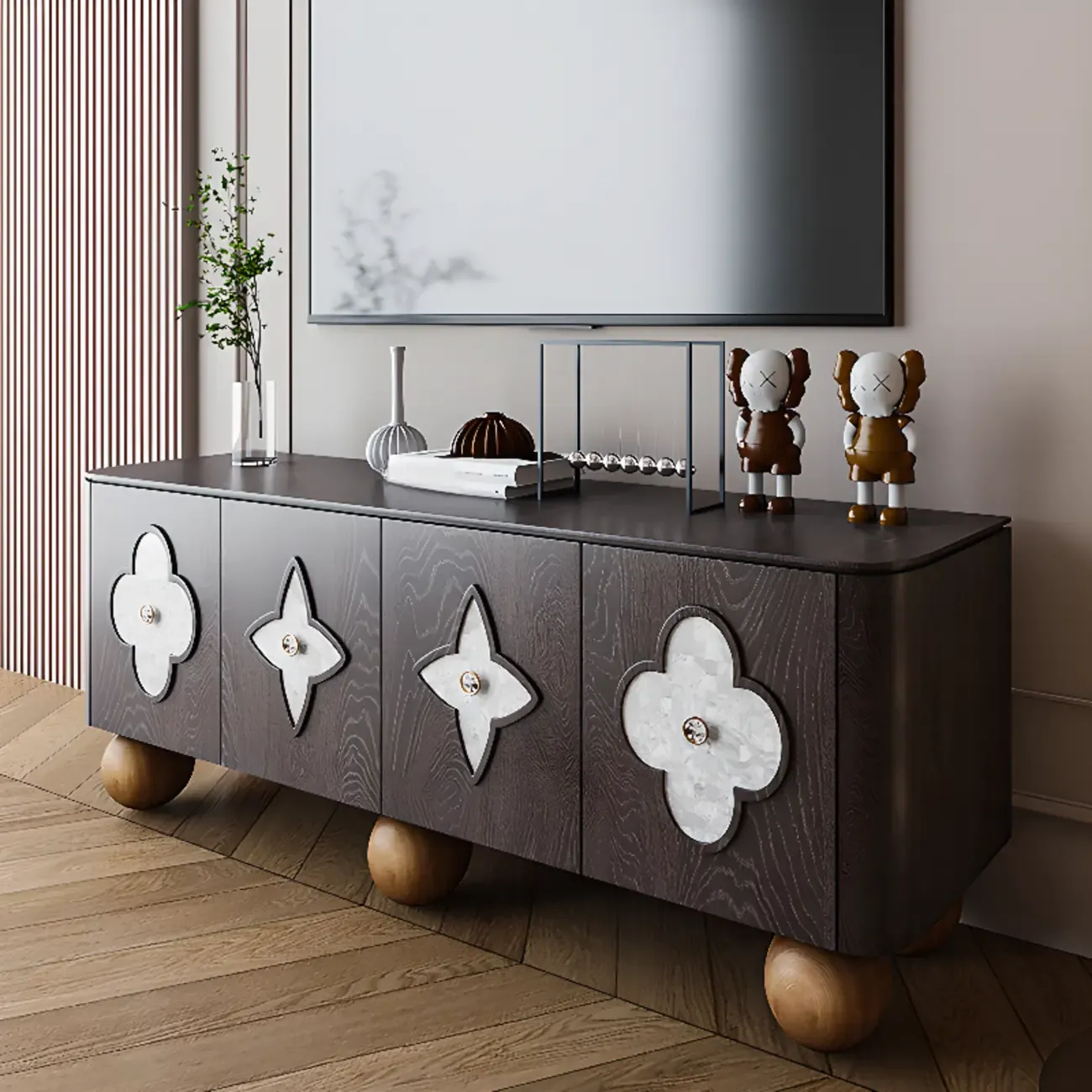 Vintage Rectangle Wooden TV Stand with Unique Doors for Home Image - 3