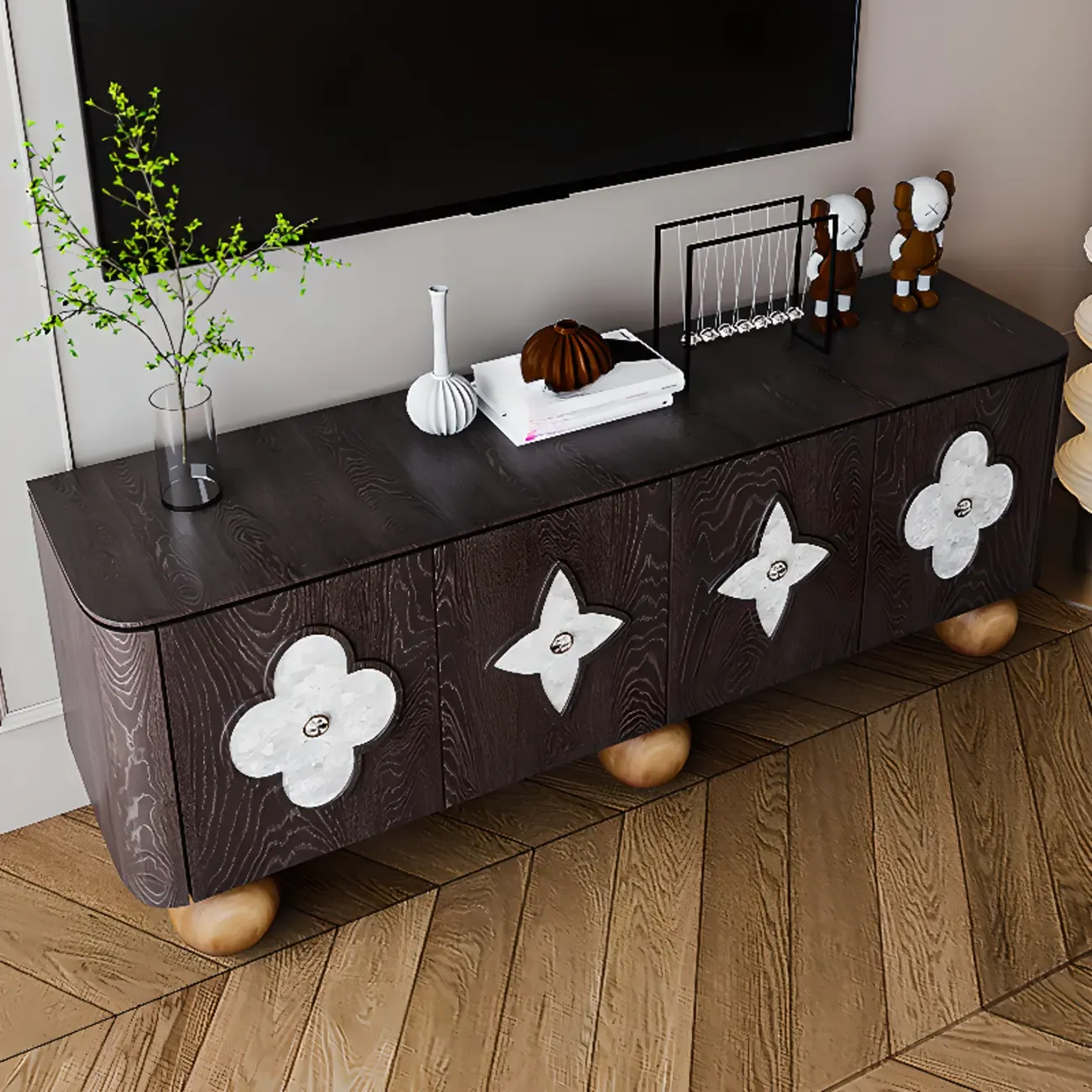 Vintage Rectangle Wooden TV Stand with Unique Doors for Home Image - 2