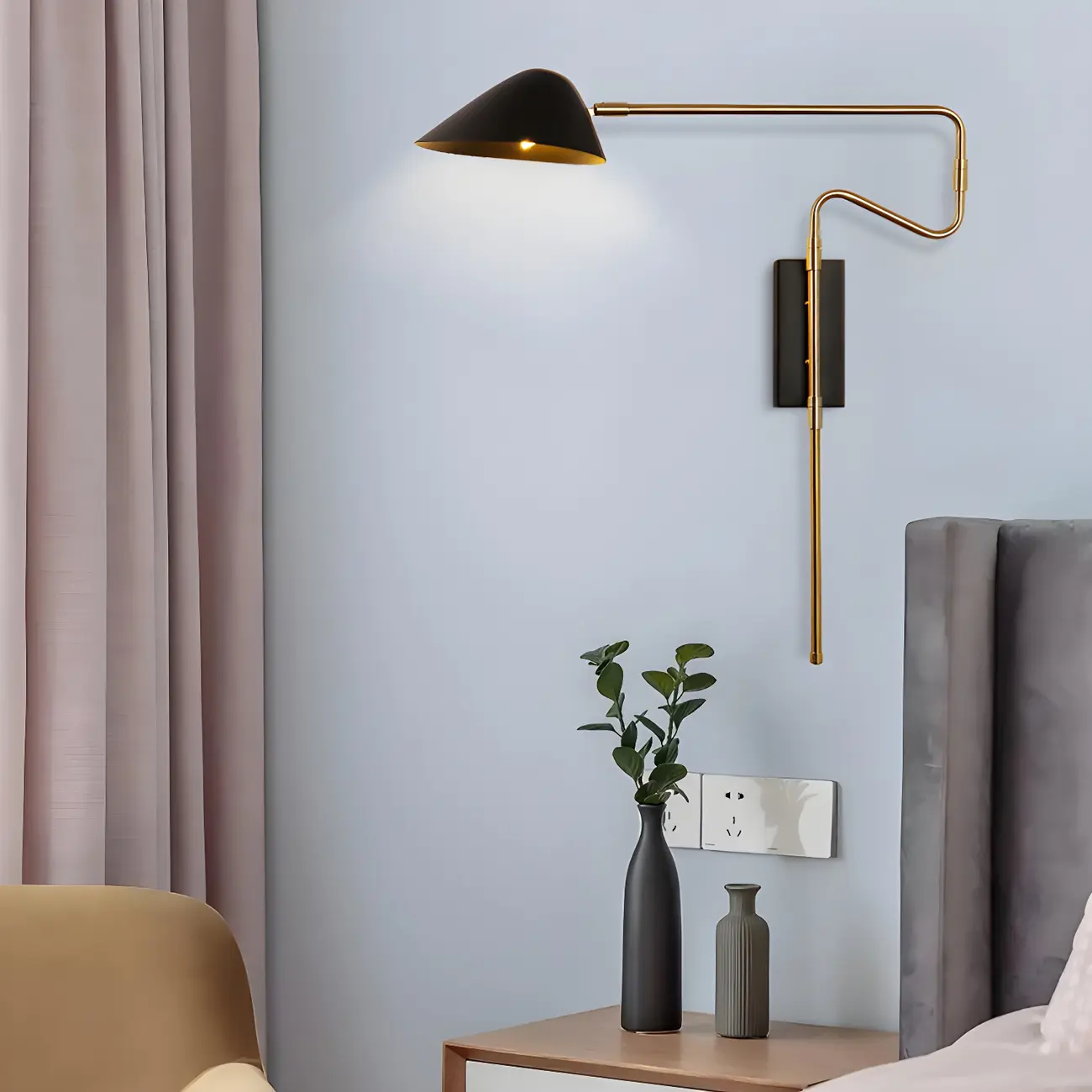 Black Metal Swing Arm Plug in Wall Sconce for Bedroom | homeyfad