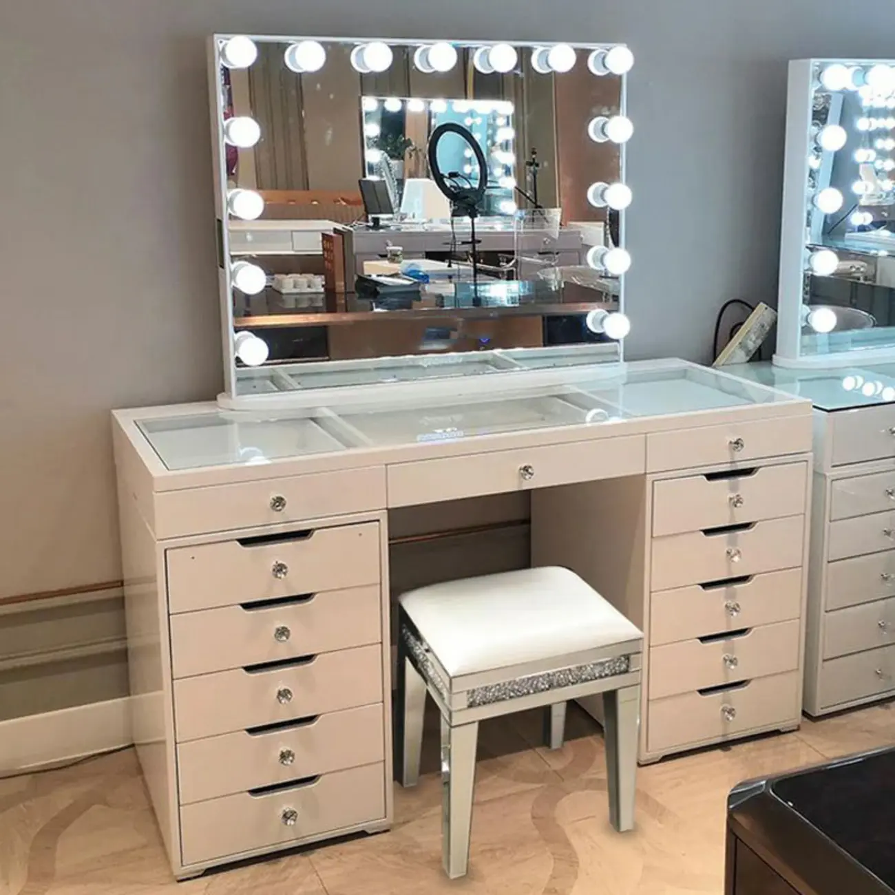 Modern Wood Makeup Vanity with 10 Drawers & LED Lights Image - 1 | homeyfad