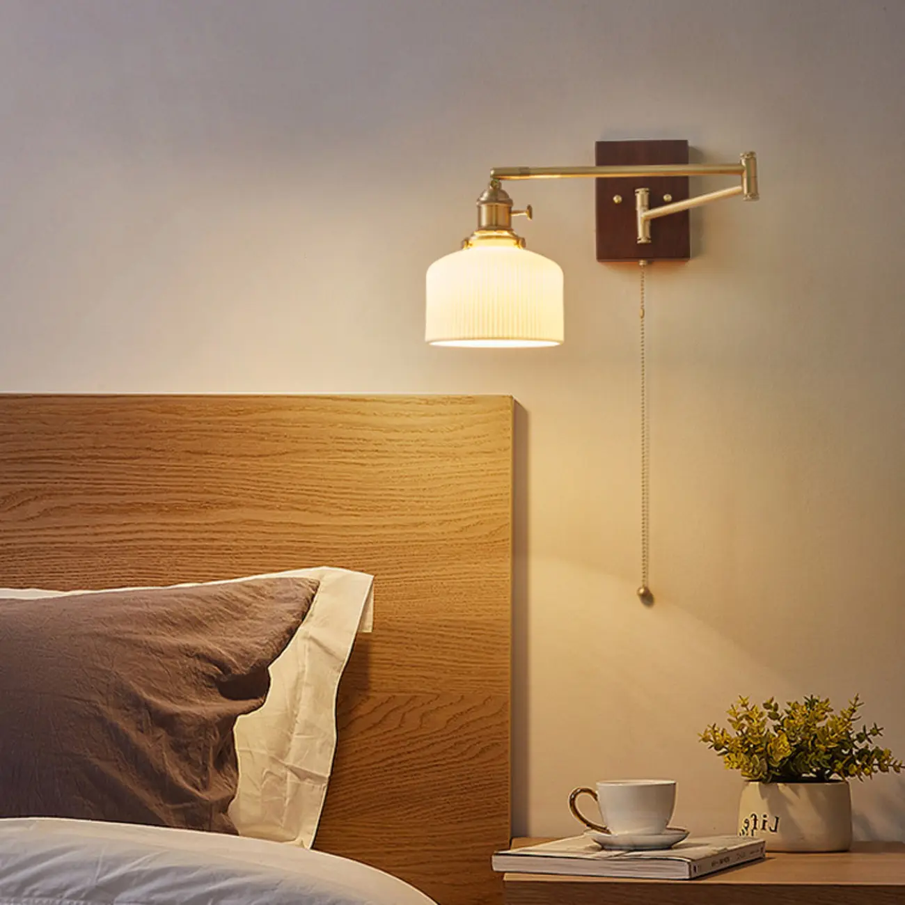 Vintage Bedside Walnut Swing Arm Wall Light with Glass Shade | homeyfad