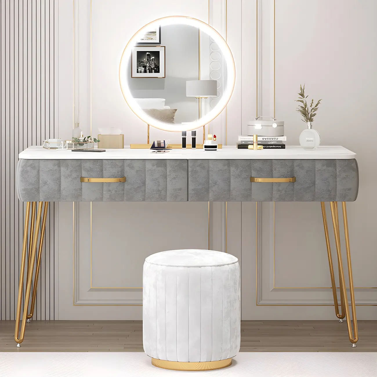 Grey Genuine Leather Modern Vanity Table with Metal Legs | homeyfad