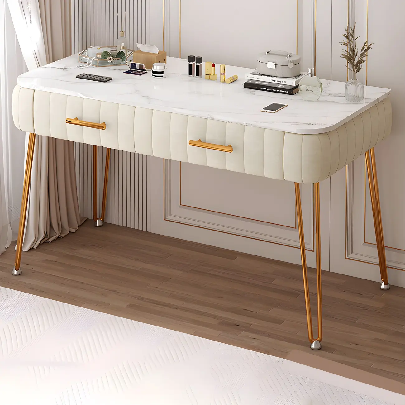 Grey Genuine Leather Modern Vanity Table with Metal Legs | homeyfad