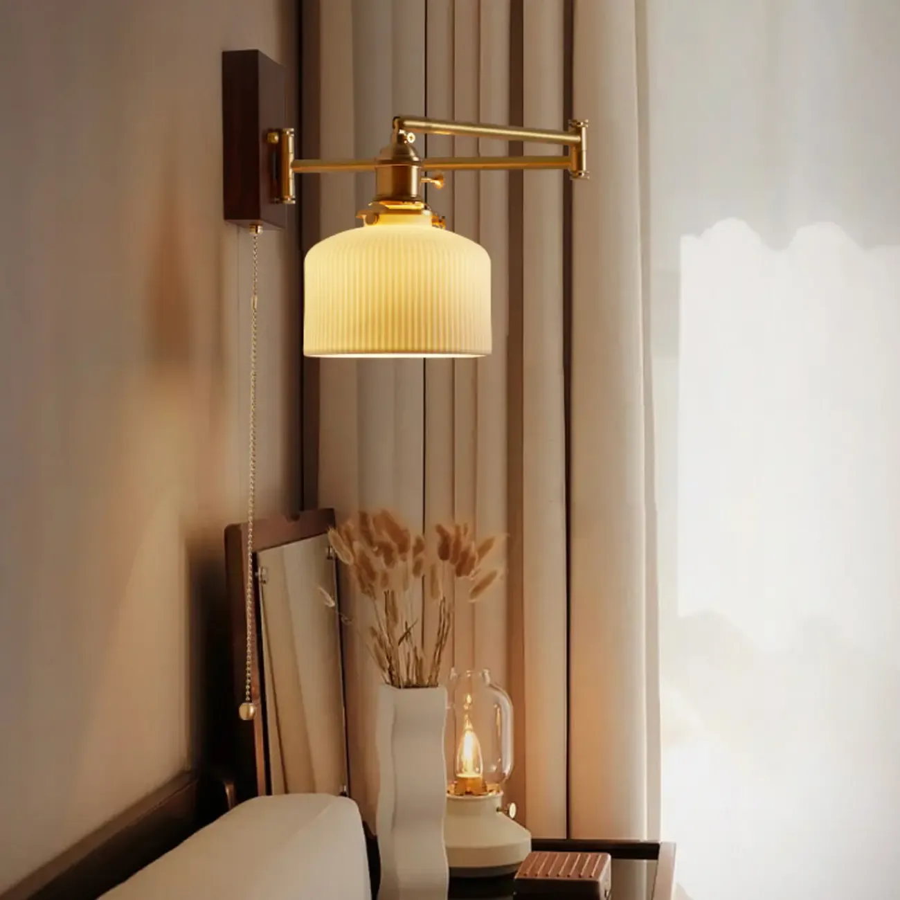 Vintage Bedside Walnut Swing Arm Wall Light with Glass Shade