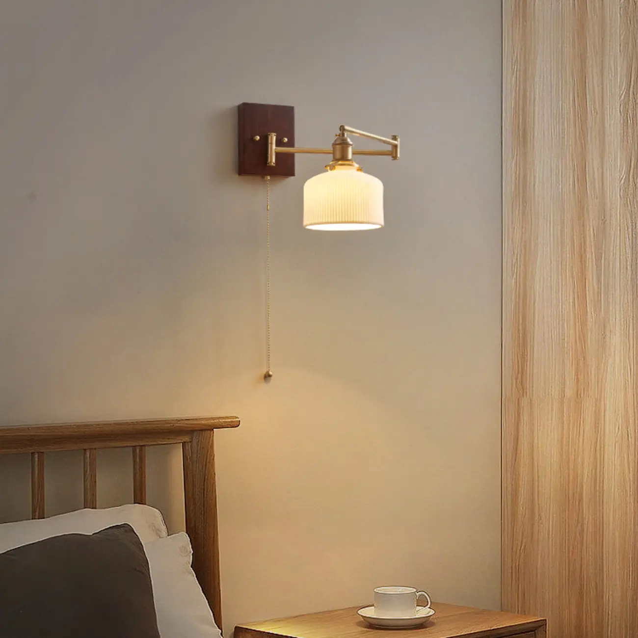 Vintage Bedside Walnut Swing Arm Wall Light with Glass Shade | homeyfad