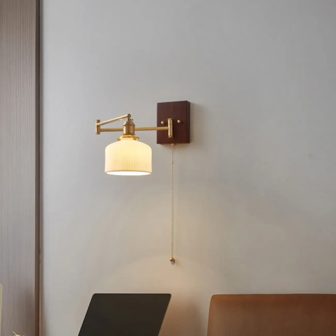 Vintage Bedside Walnut Swing Arm Wall Light with Glass Shade